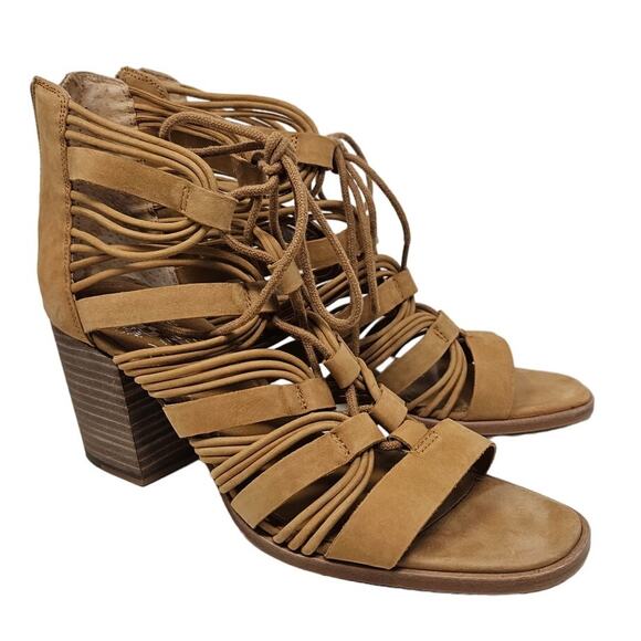 Vince Camuto 8.5 Kaiann Brown Leather Lace Up Gladiator Sandal Heel Boho Coastal - Picture 1 of 5